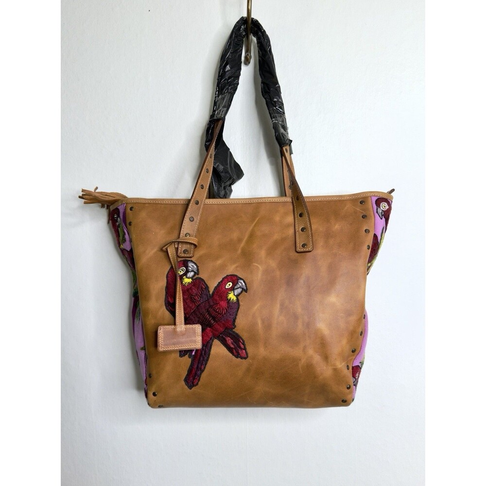 Tropical Island Parrots  DC Bag  Lg. Full Grain Leather & Appliqué Tapestry New